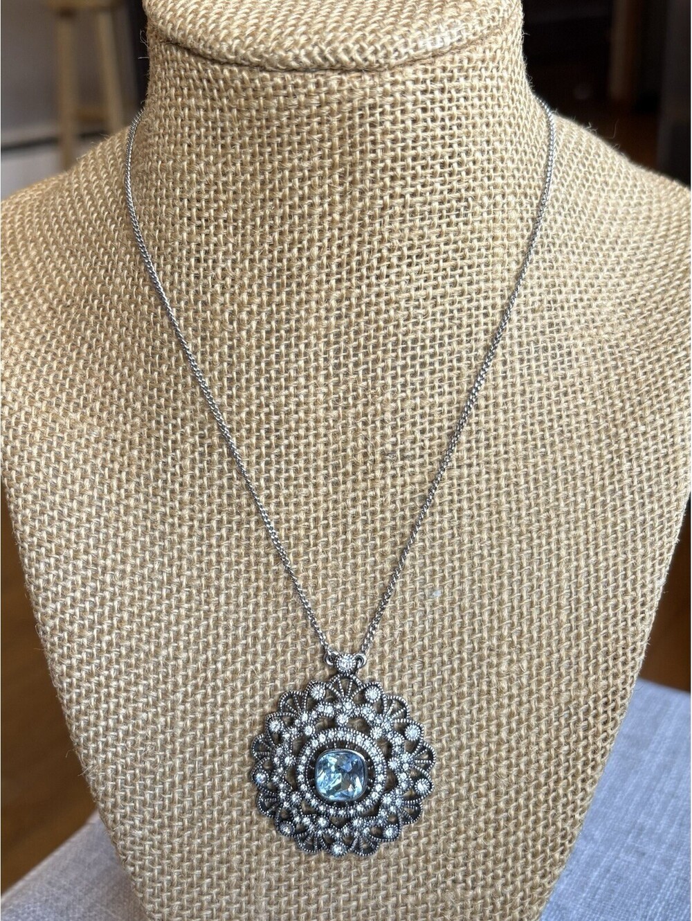 Givenchy Silver Tone Blue Crystal Filigree Pendant Necklace Rhinestone Medallion